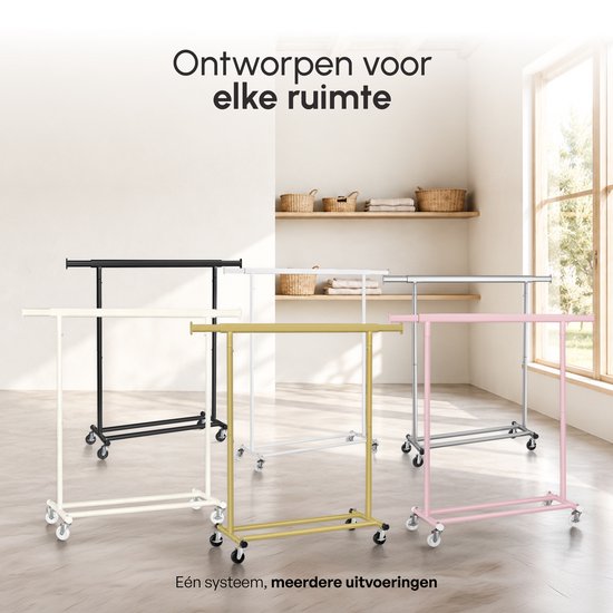 Vijf kledingrekken in verschillende kleuren: zwart, gebroken wit, goud, zilver en roze. Tekst: 'Ontworpen voor elke ruimte'.