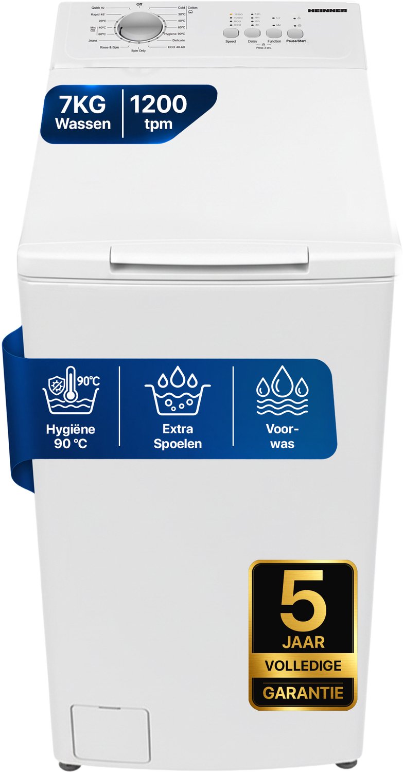 Heinner HWM-TL7012C++ Bovenlader Wasmachine 7 kg – 1200 tpm – 15 Programma’s met Delicaat- en 15-minuten Snelprogramma – Trommelreiniging – Wit – 5 Jaar Garantie