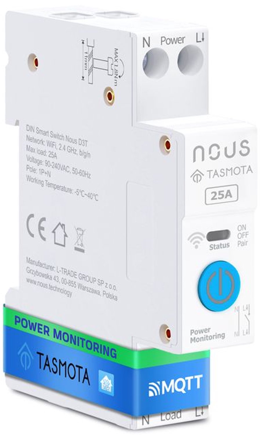 Slimme DIN-railschakelaar D3T, 25A, energiemeting, WiFi Tasmota, ESP32, MQTT, Matter