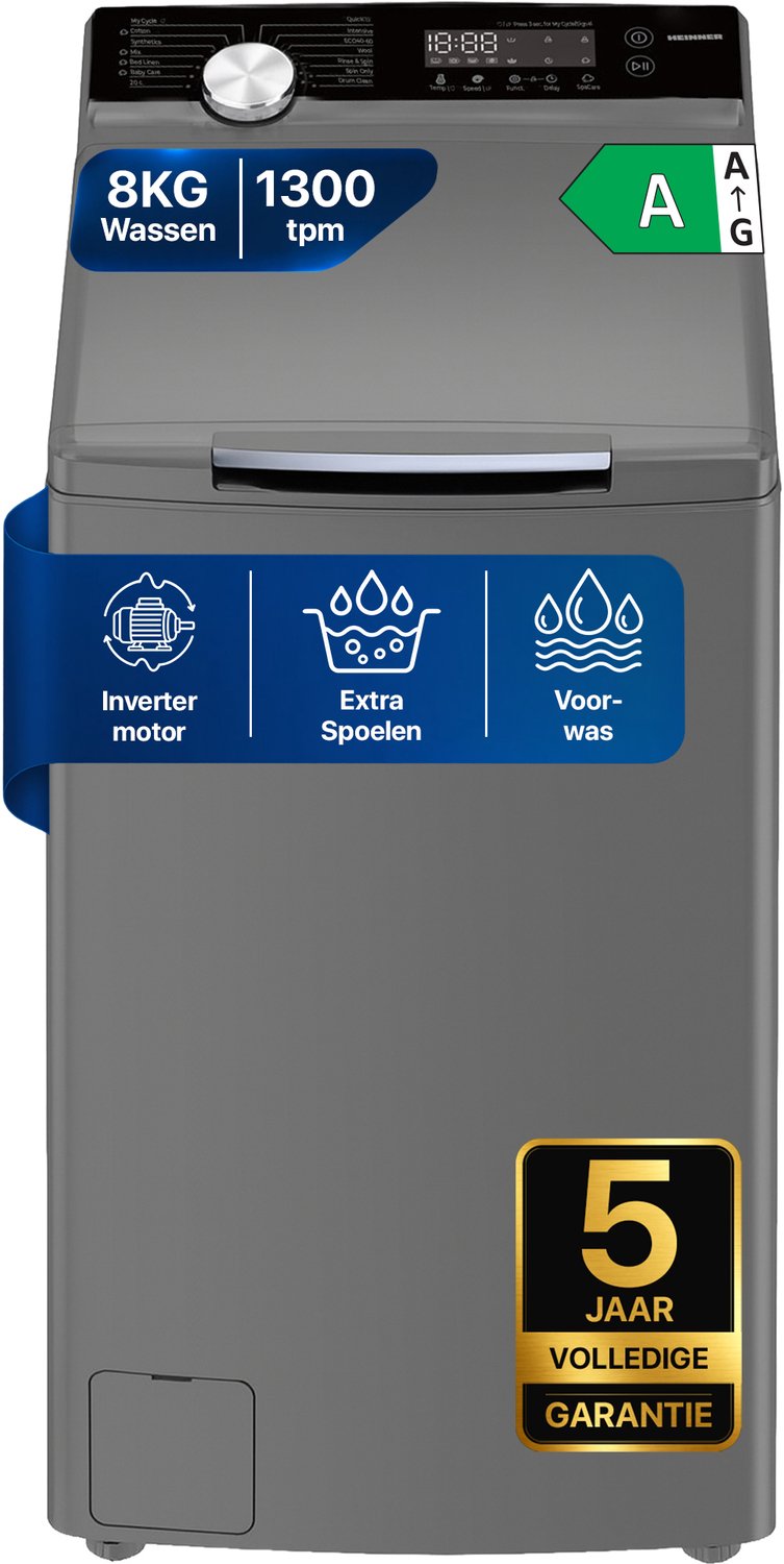 Heinner HWM-TL8013IVKSA++ Bovenlader Wasmachine 8 kg – 1300 tpm – Inverter Motor – Energieklasse A – 15 Programma’s met Trommelreiniging – Kinderslot – Zilver – 5 Jaar Garantie