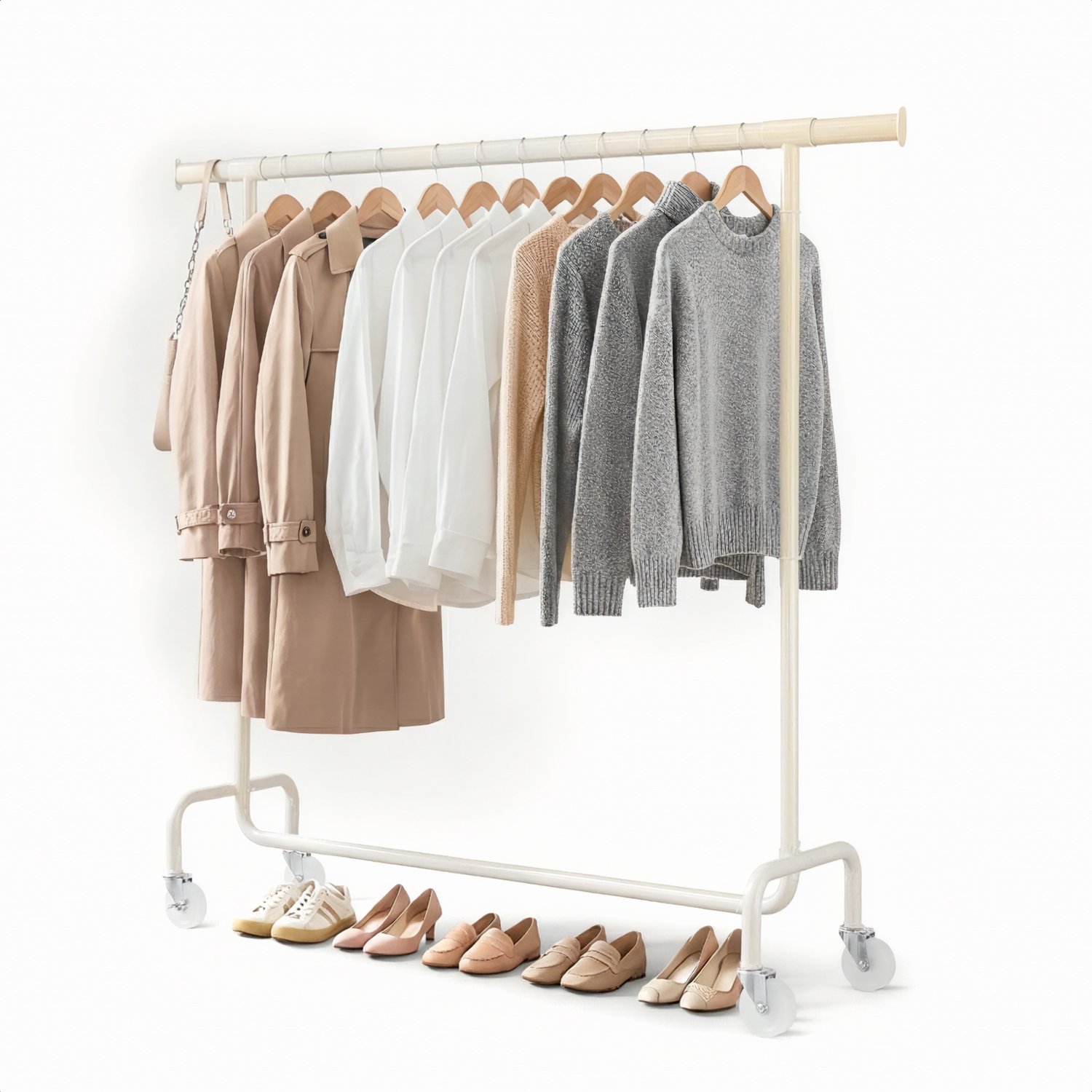 Kledingrek op Wieltjes - Stalen Kledingstang - 130 kg – Crème - Bodo