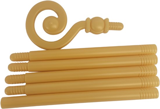 Losse onderdelen van een gouden Sinterklaas staf met schroefdraad voor montage.