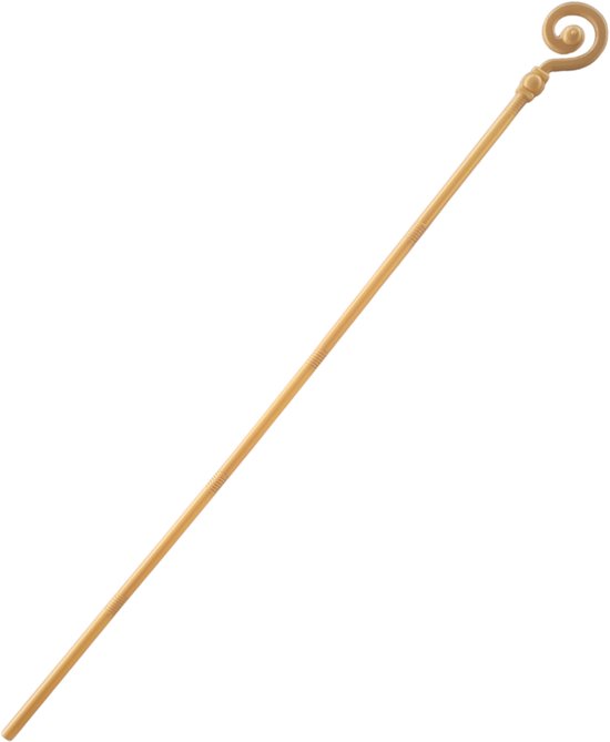 Gouden Sinterklaas staf met een kenmerkende gekrulde bovenkant en gedetailleerde schacht.