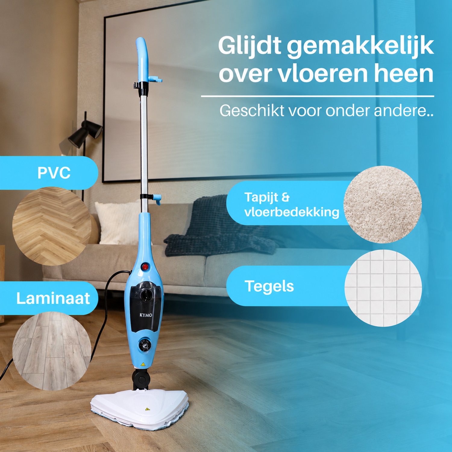 Kymo 9 in 1 Stoomreiniger en Handstomer - Stoommop - Stoomreiniger vloer - 2 microvezeldoeken - Handstoomreiniger - Stoomdweil - Vloerreiniger - Elektrische Dweil - Stoomapparaat Kleding - Vlekkenreiniger - Tapijtreiniger - Stoomreiniger Badkamer – foto 2