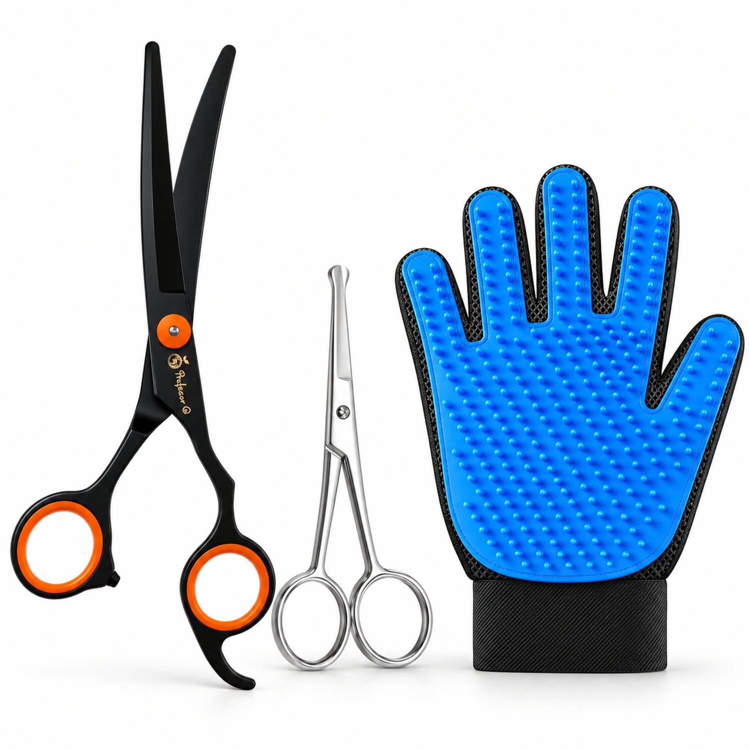 Professor Q Hondentrimset - Gebogen Trimschaar Zwart/Oranje - Potenschaar Zilver en Vachthandschoen Blauw - 3-delig