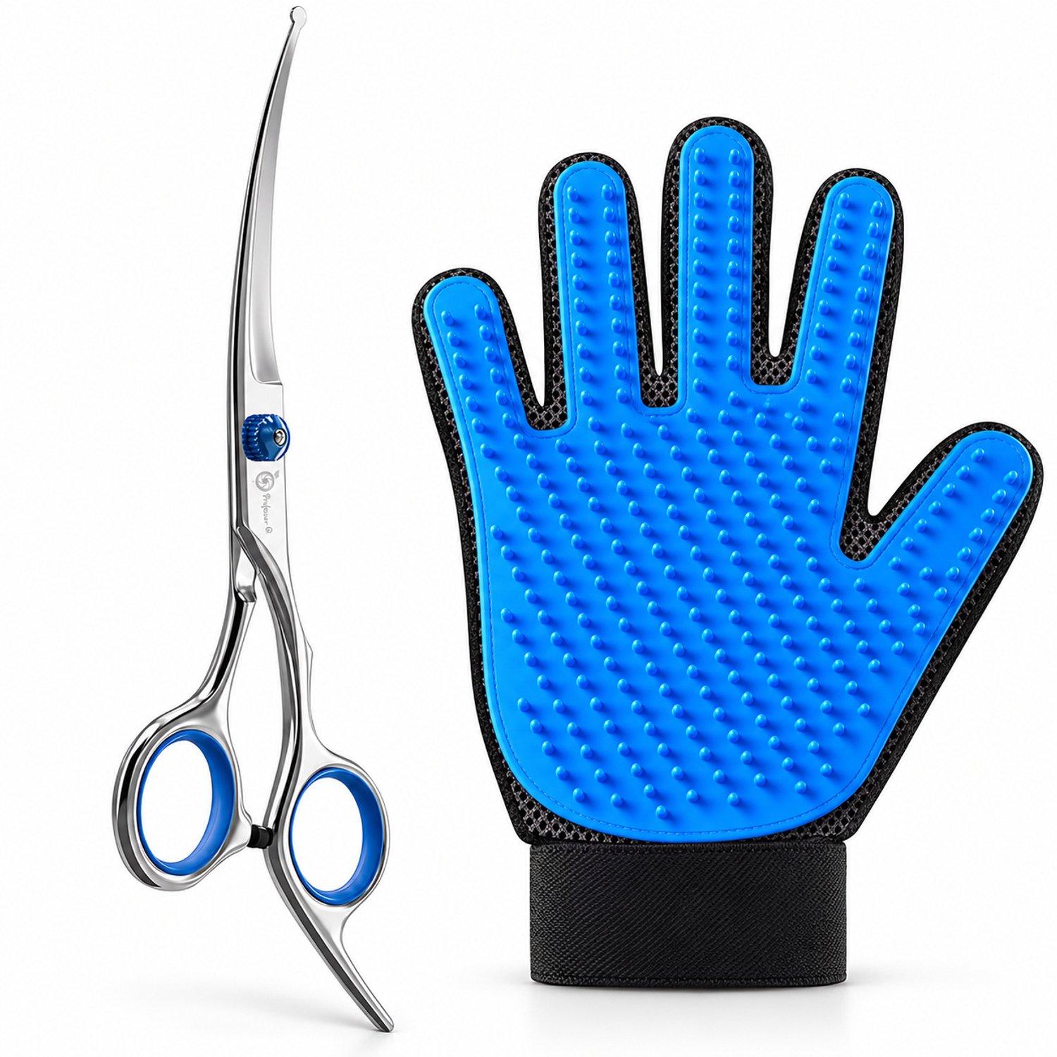 Professor Q Hondentrimset - Gebogen Trimschaar Rechts Blauw - Vachthandschoen Blauw - 2-delig