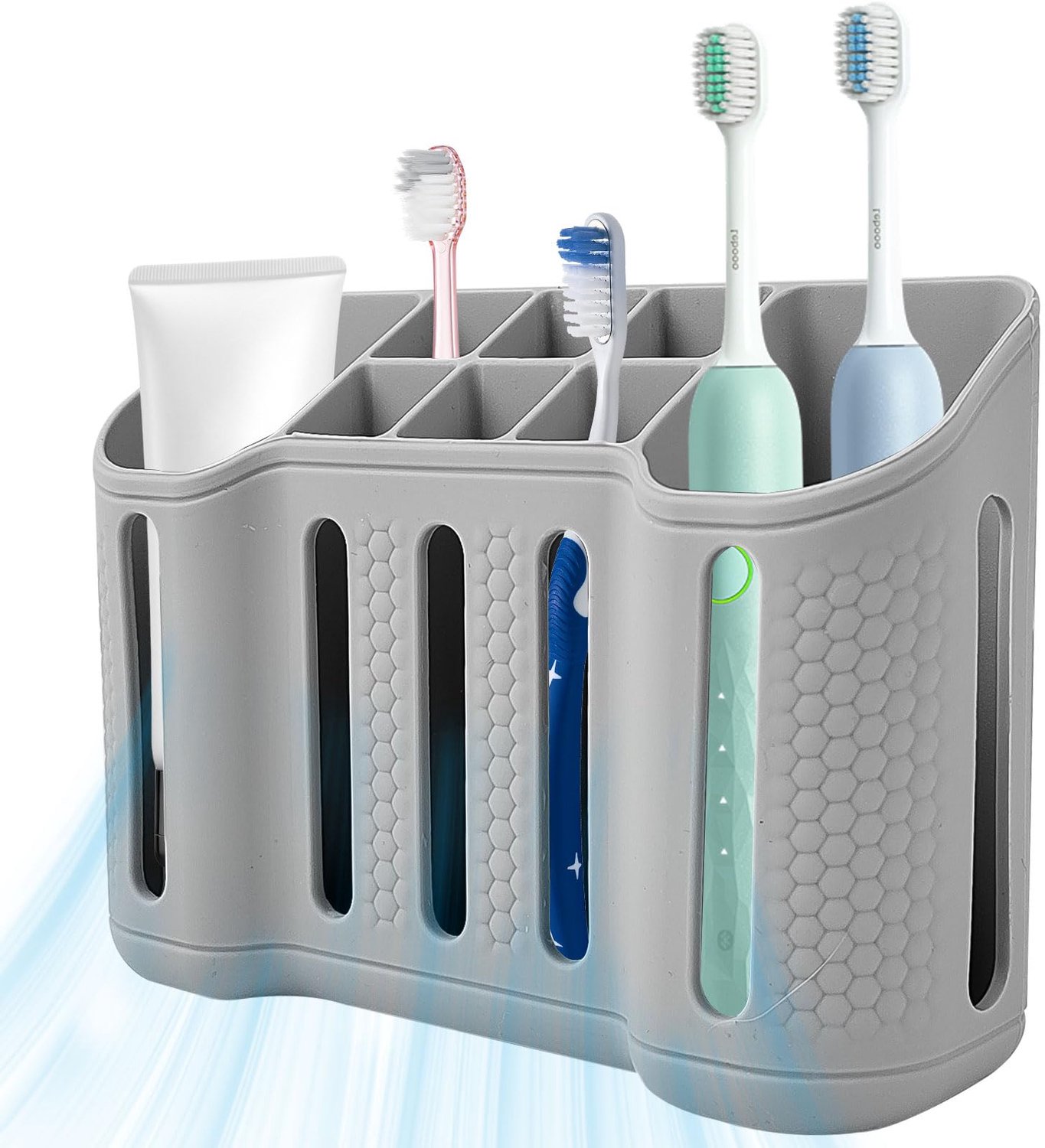 Siliconen Tandenborstelhouder – Badkamer Organizer met 8 Vakken en Zuignap – Met Afvoergaatjes voor Tandenborstels, Tandpasta en Scheermesjes – 16 x 12 x 5 cm