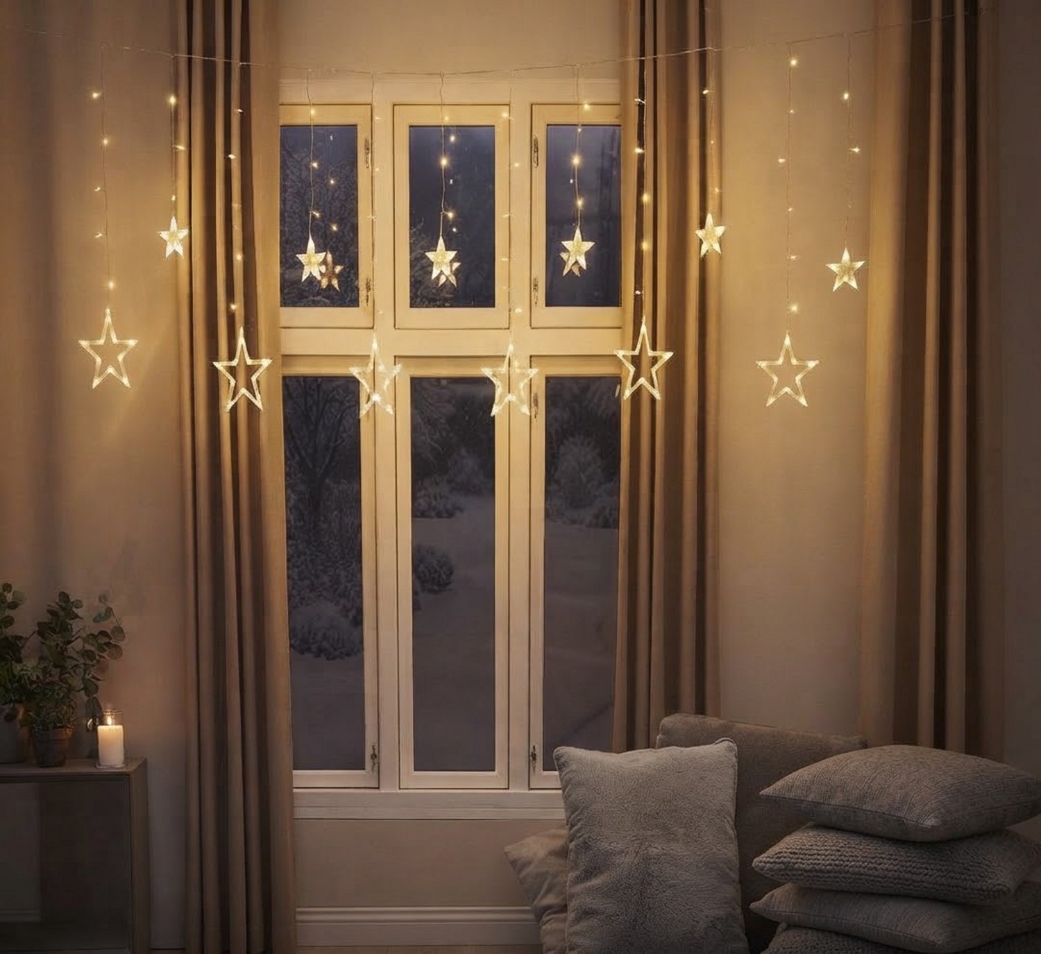 X-Mas 2x LED lichtgordijnen met sterren en sneeuwvlokken Breedte 2x 200 cm - 130/230 LED lampjes warmwit met Timer