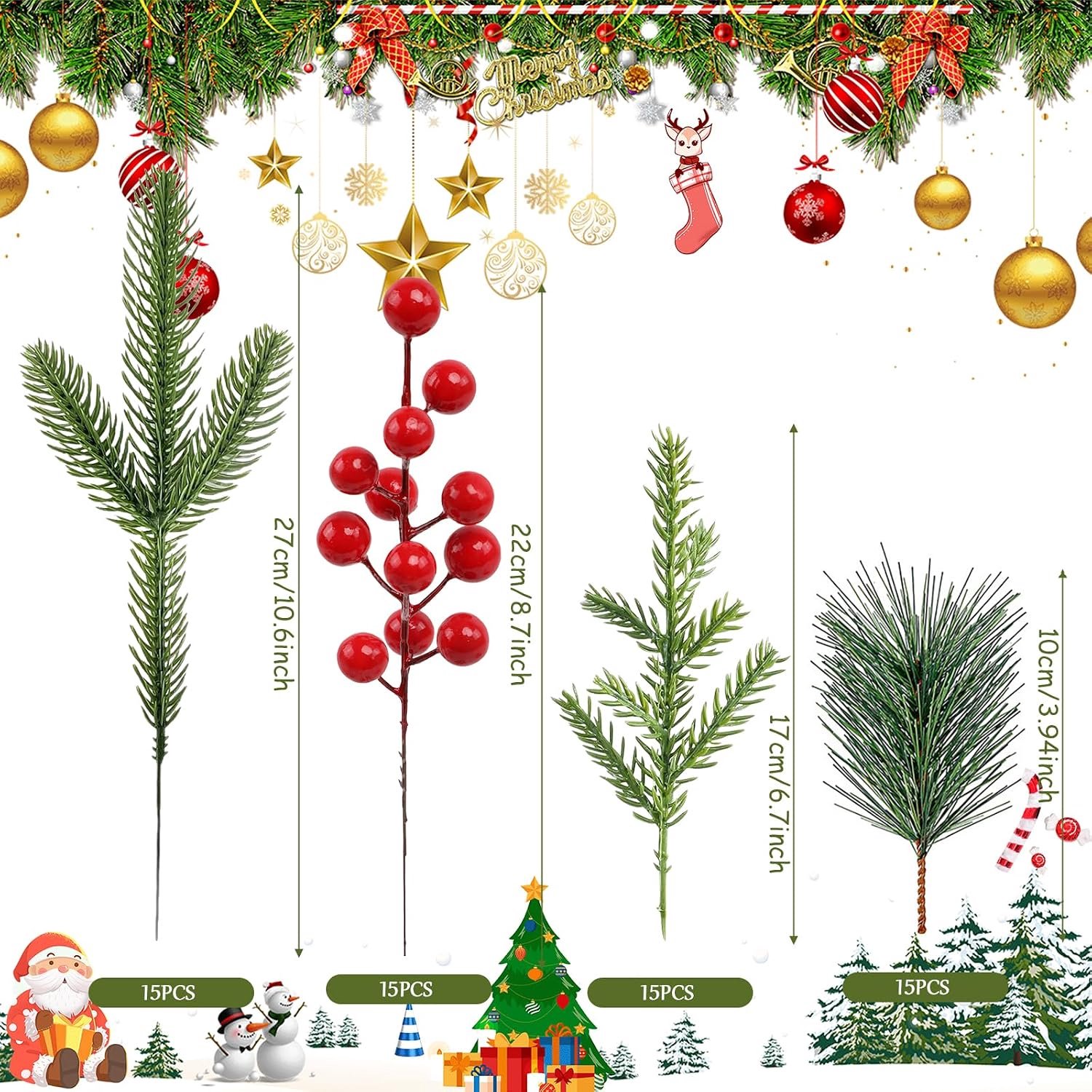 60 stuks kunstmatige dennentakken met kerstbessen - Rode bessen aan kunstmatige - groene kersttakken met dennennaalden - ornamenten voor kerstboomdecoraties, doe-het-zelf krans - kerstkrans zelf te maken - kerstboom, wenskaarten, feestjes – foto 6