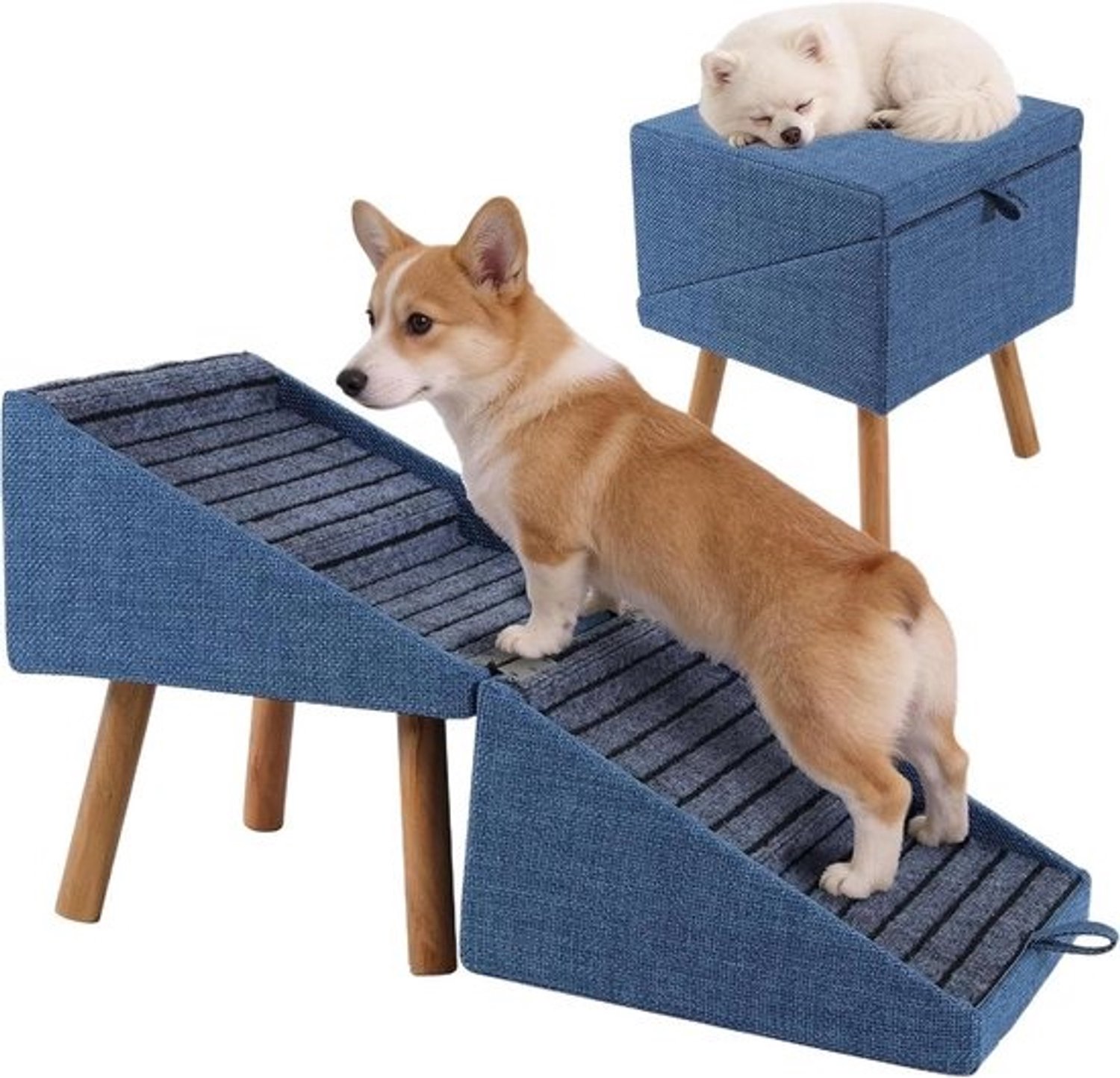 Opvouwbare hondenhelling - Houten hondentrap - Veilig instappen - Antisliploopvlak - 40 x 40 x 40 cm - Marineblauw