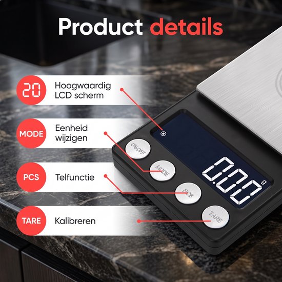 Kitchenwell digitale mini precisie keukenweegschaal - 0,01 tot 200 gram - 14.2 x 7.5 cm - pocket scale op batterij - weegschaal keuken — cadeau in Kookcadeaus - foto 3