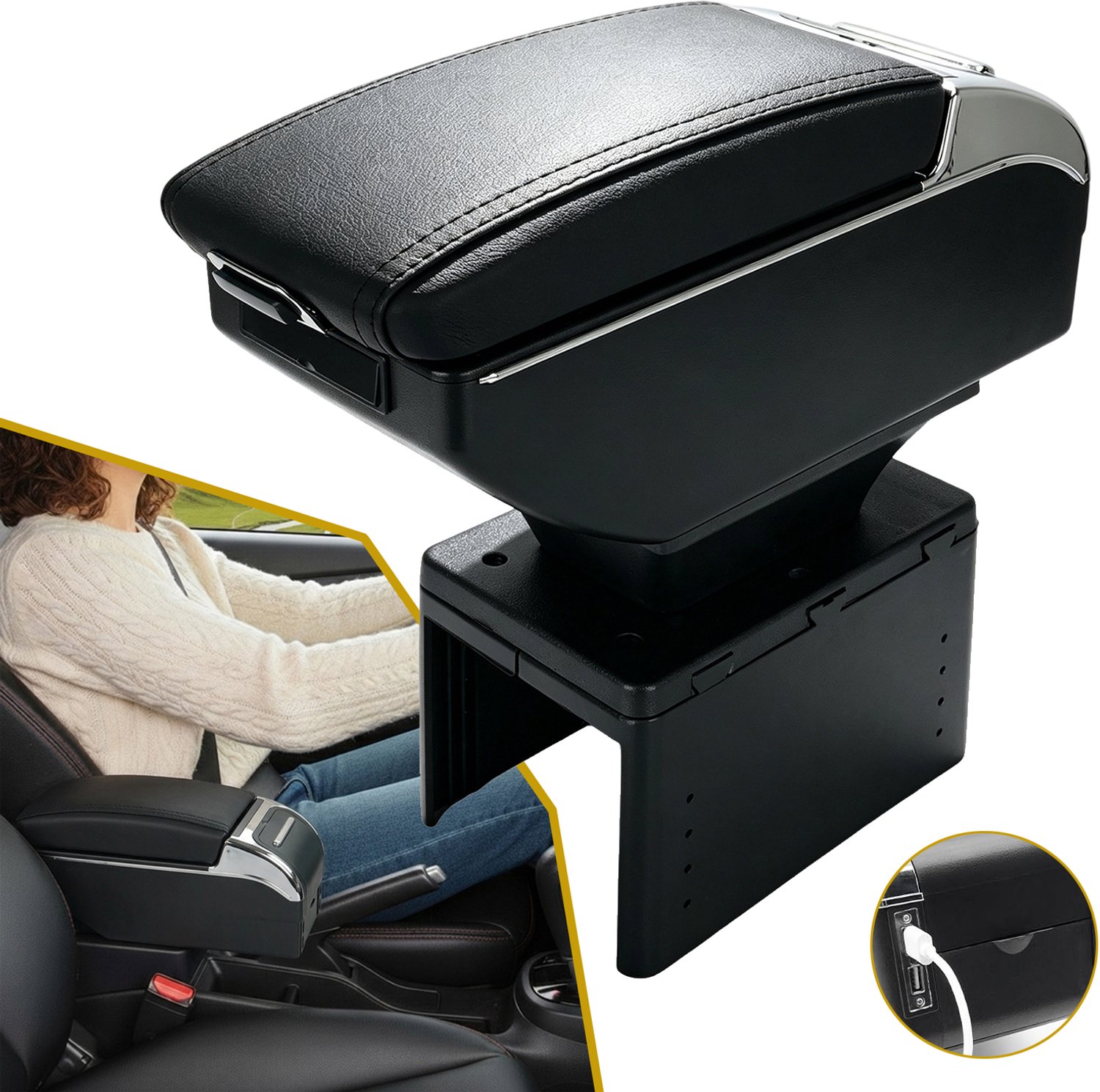 Armsteunconsole Voor De Auto - Organizer Voor Middenconsole - In Hoogte Verstelbaar - Opbergvak In Armsteun Met USB-Oplaadpoort