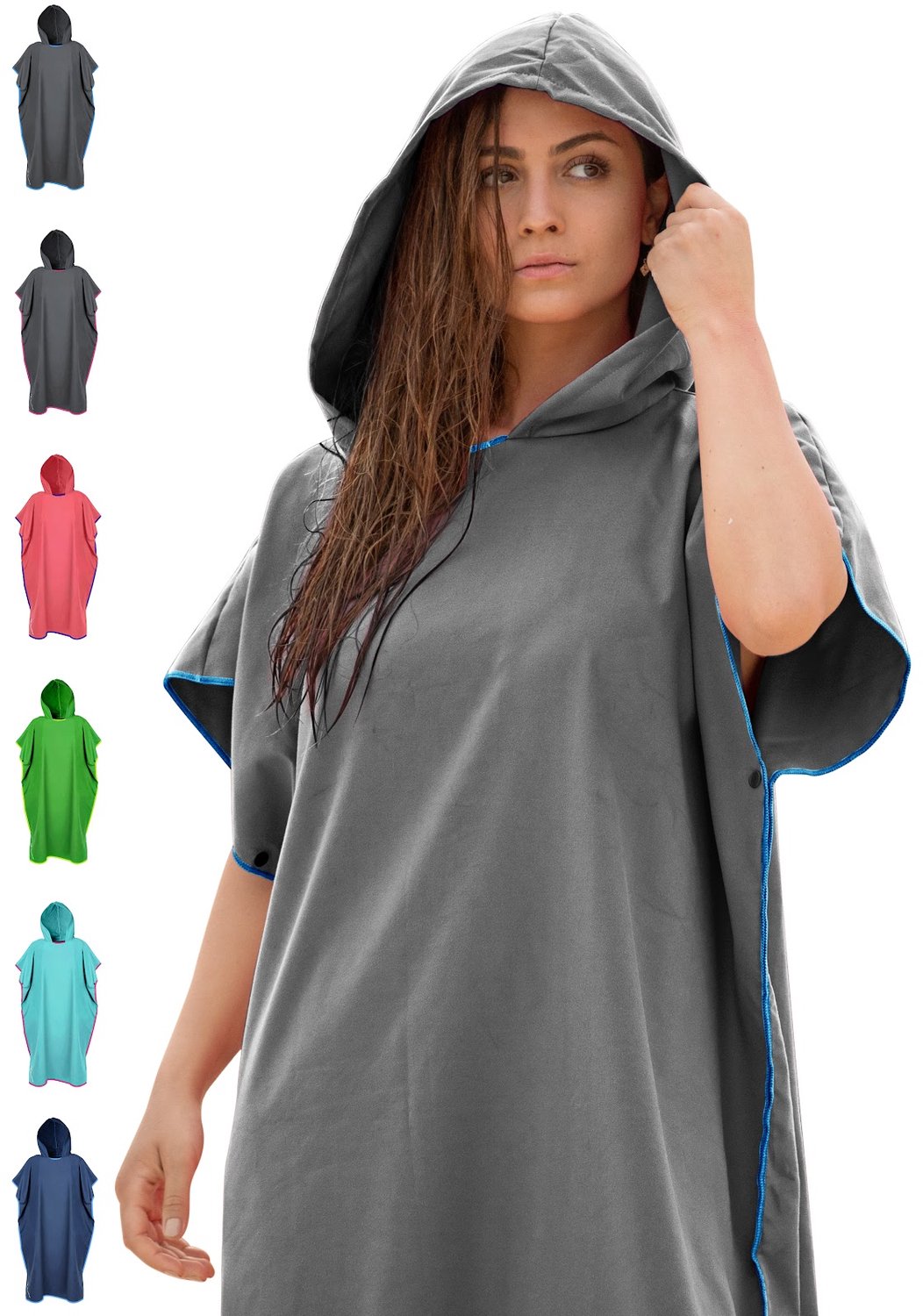 NirvanaShape - Handdoekponcho - Badjas en omkleeddoek - Pluisvrije en sterk absorberende microvezel - Uniseks loose-fit met capuchon - 117 x 85 cm - Grijs / Blauwe Rand