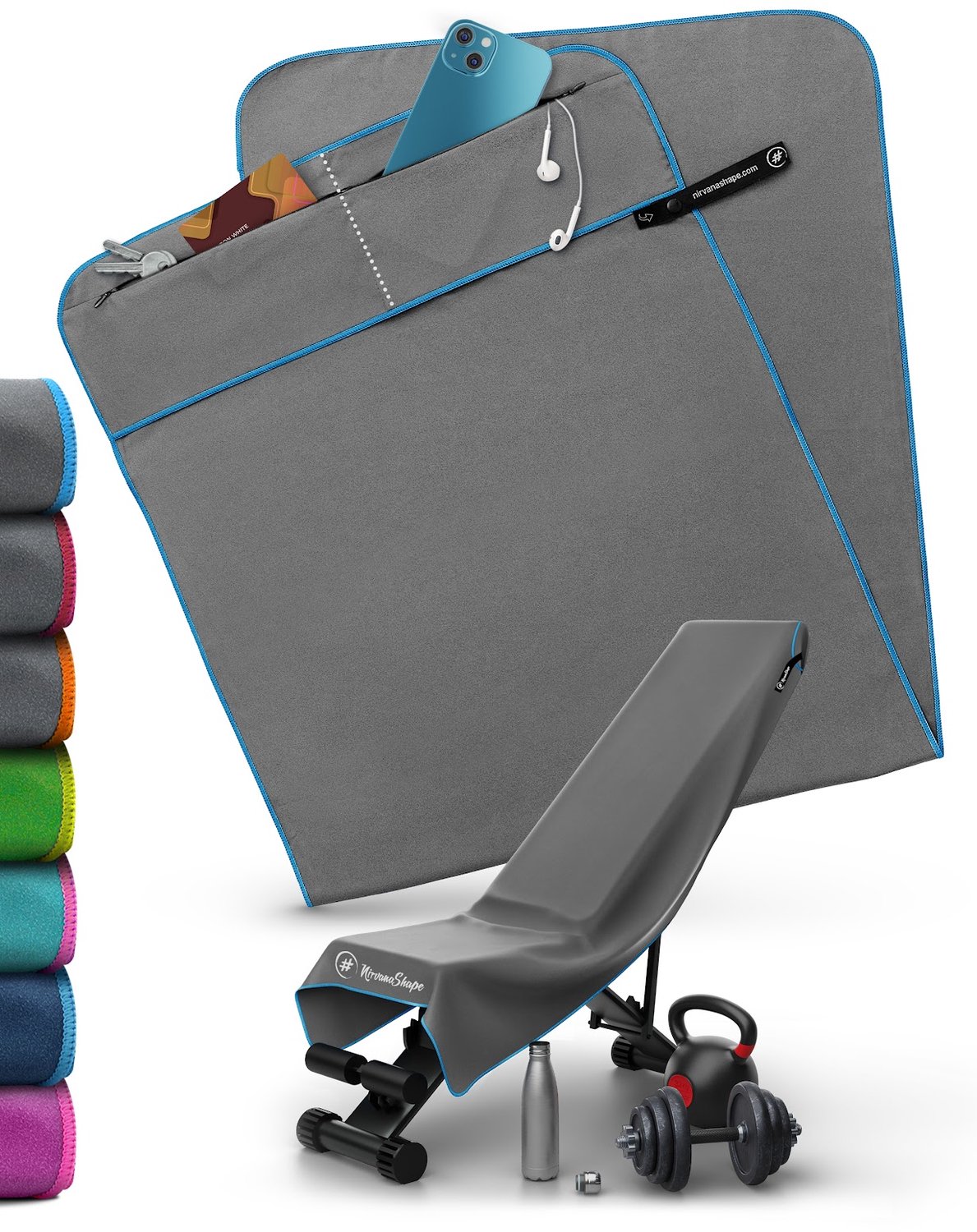NirvanaShape - microvezel handdoek - sporthanddoek met 2 ritsvakjes - gym handdoek met verwijderbare magneetclip - compact en absorberend - 125 x 48 cm - Grijs / Blauwe Rand