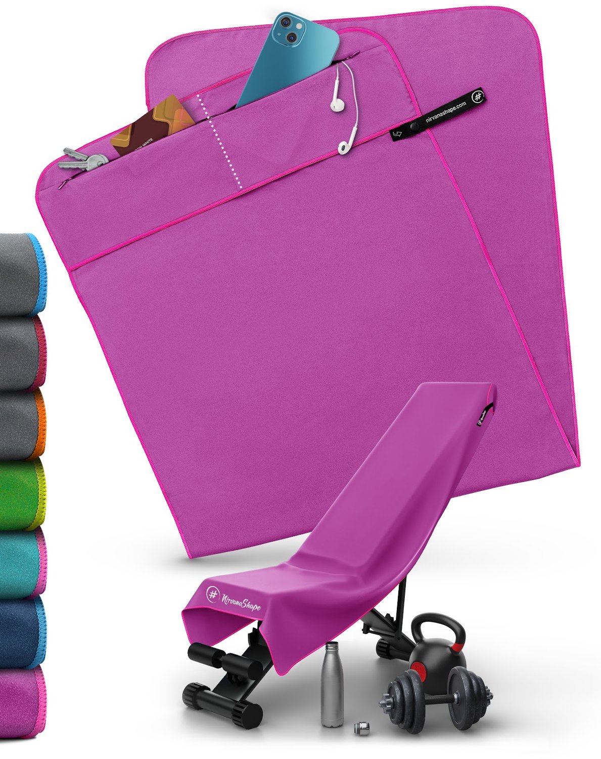 NirvanaShape - microvezel handdoek - sporthanddoek met 2 ritsvakjes - gym handdoek met verwijderbare magneetclip - compact en absorberend - 125 x 48 cm - Roze / Roze Rand