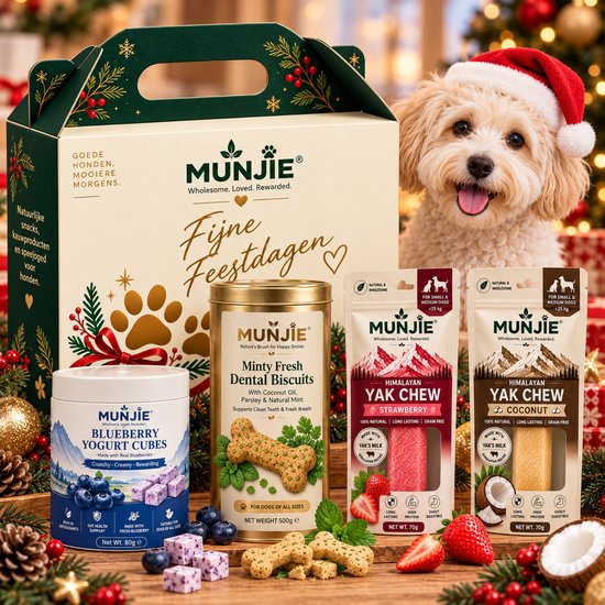 Feestelijke Munjie kerstcadeaubox met hondensnacks, Yak Chews en koekjes, naast een puppy met een kerstmuts.