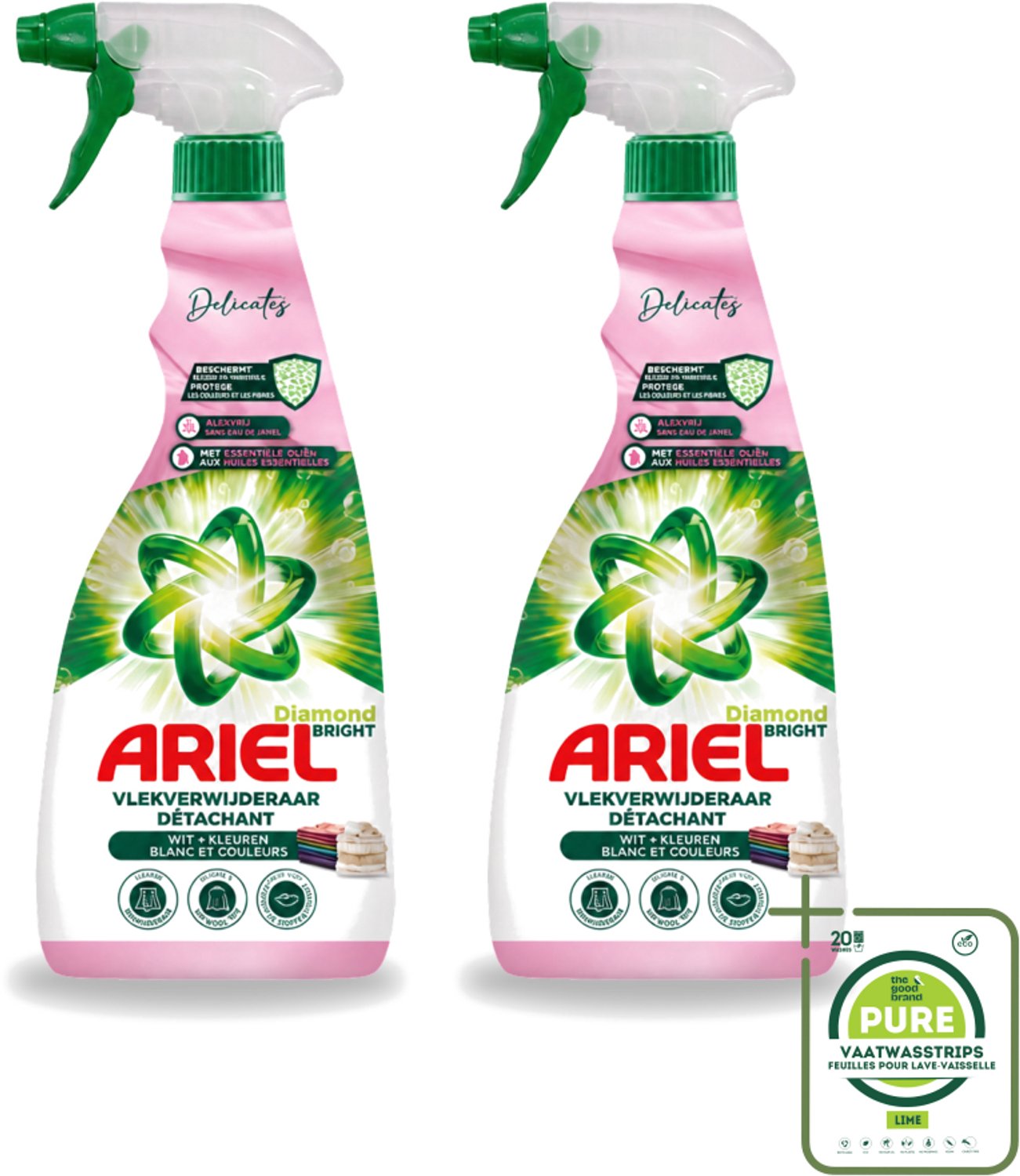 2 x Ariel - Vlekkenverwijderaar - Delicate & Wool Spray - 750 ml - Grootverpakking - Vaatwasstrips - Vlekken Verwijderen - Delicate Stoffen Reinigen - Babykleding Reinigen - Wol Reinigen - Zijde Reinigen