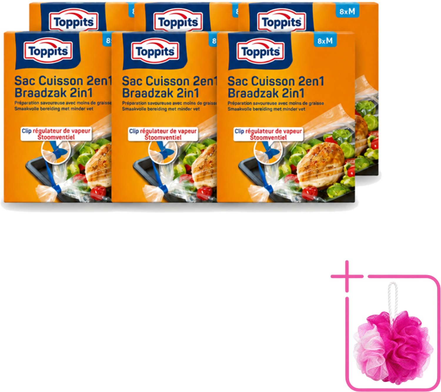 6 x Toppits – 2-in-1 Braad- & Stoomzakken – Maat M – 8 Zakjes - Bulkverpakking - Braadzakken oven - Douchemop - Braadzakken magnetron