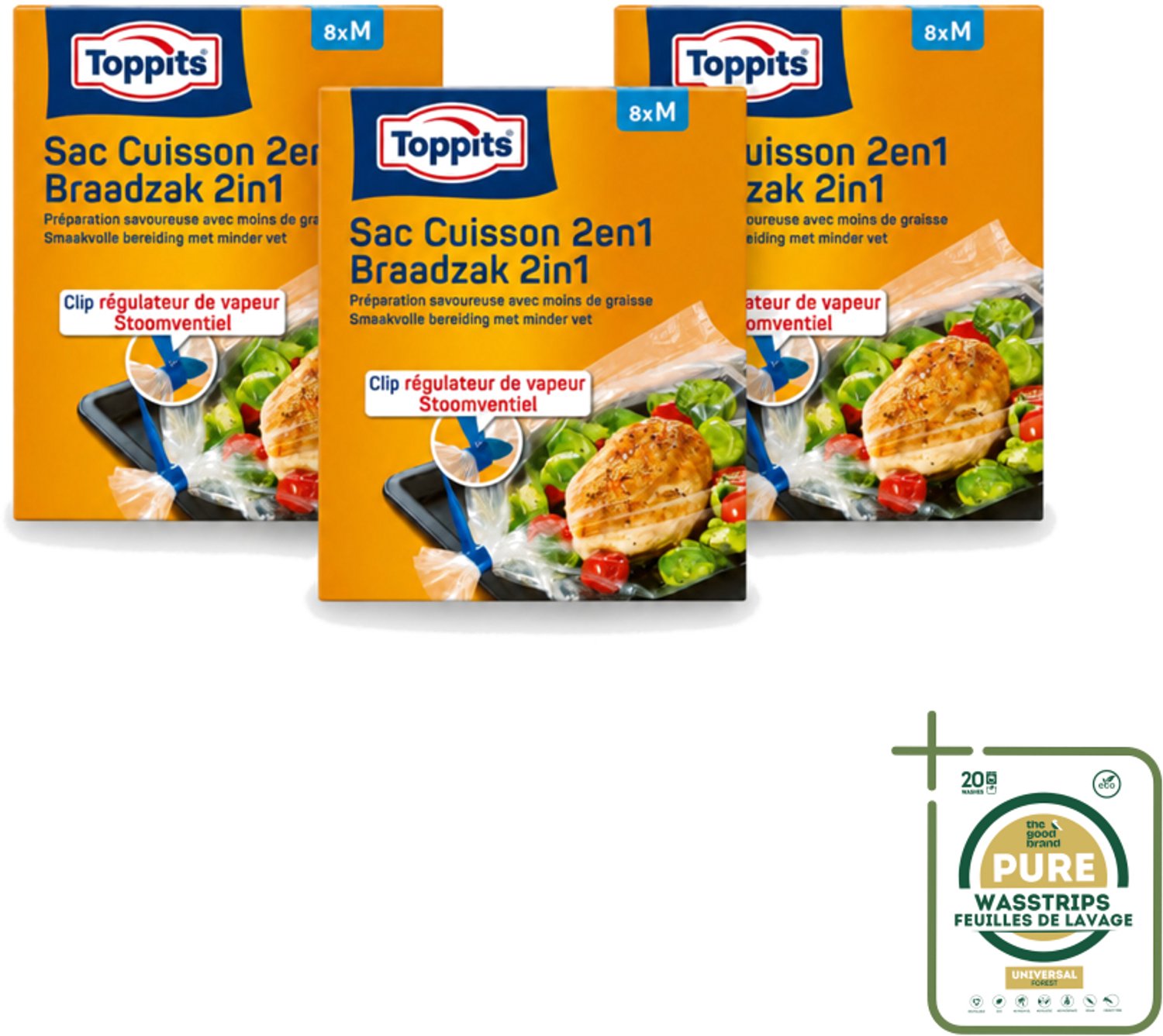 3 x Toppits – 2-in-1 Braad- & Stoomzakken – Maat M – 8 Zakjes - Wasstrips - Braadzak Oven - Stoomzak Oven - Oven Bakken - Magnetron Bakken - Vetvrije Bakken