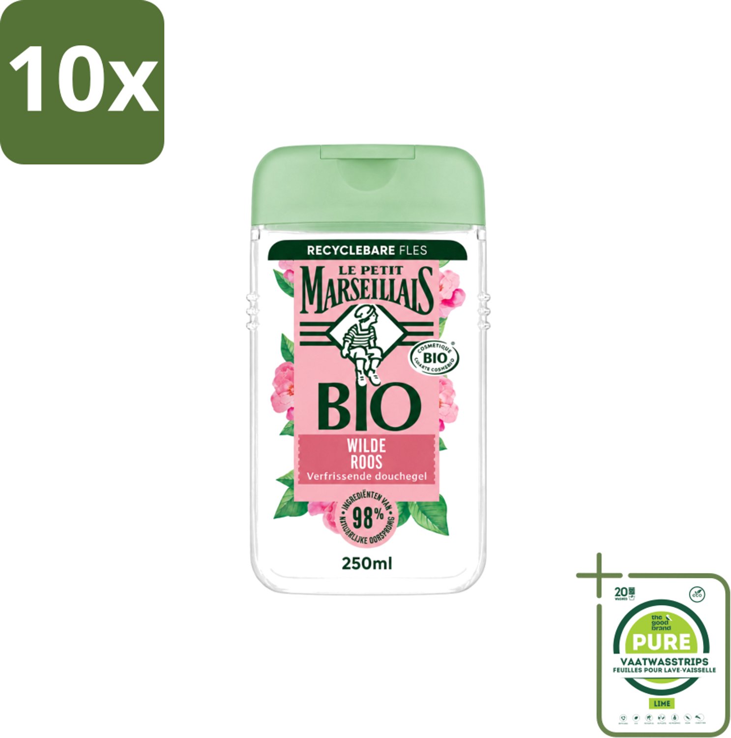 10 x Le Petit Marseillais – Douchegel – Bio Wilde Roos – Verfrissend – 250 ml - Grootverpakking - Vaatwasstrips - Douchegel - Bio Rozenbottel - Frisse Douchegel - Natuurlijke Douchegel - Zachte Reiniging