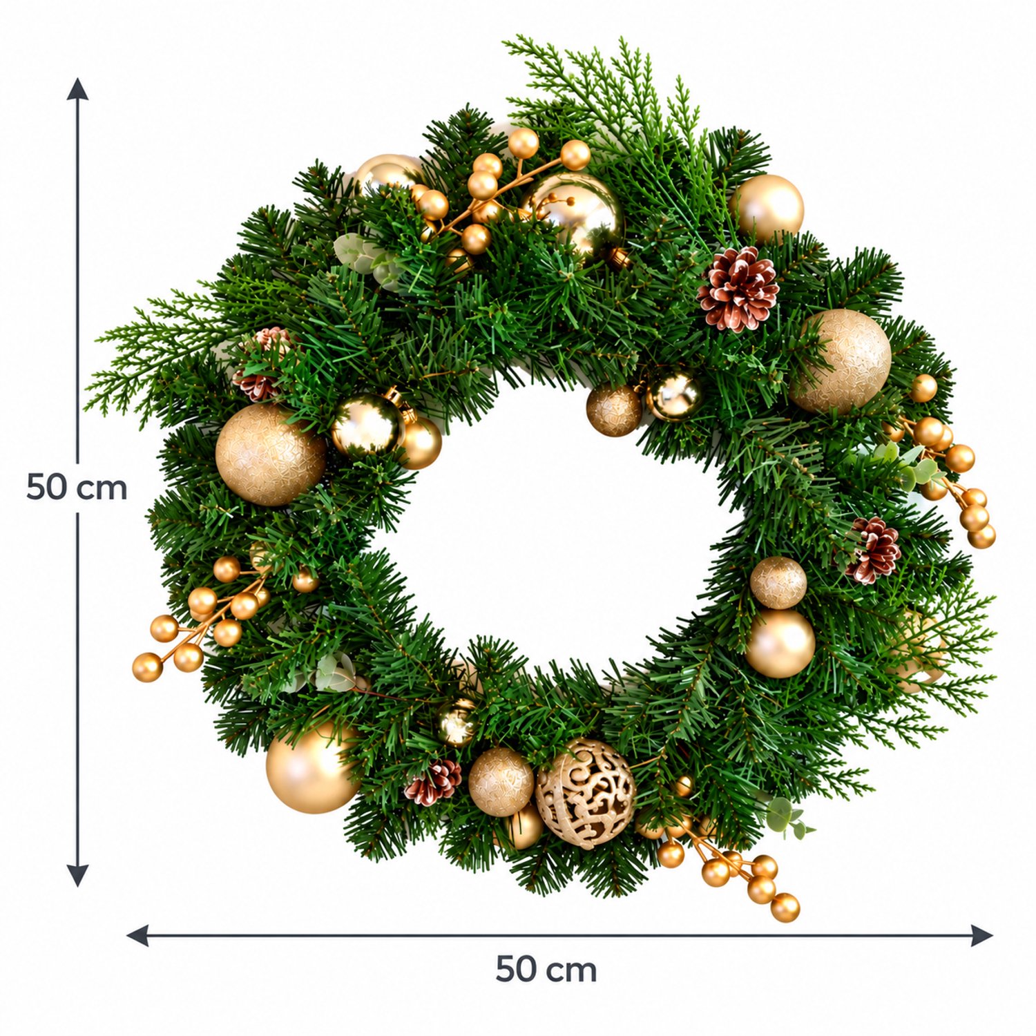Kerstkrans Champagne 50 cm – Luxe Deurkrans met Kerstballen, Dennenappels en Gouden Details – Kerstdecoratie – foto 2