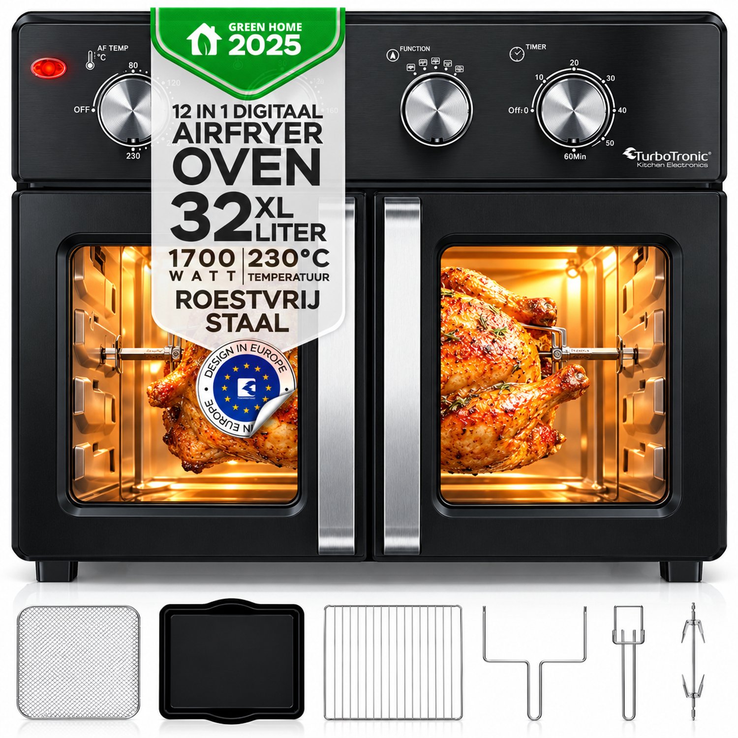 Bol.com TurboTronic AF32MFD Airfryer Oven XXL – Dubbele Deur – 32L Vrijstaande Mini Oven – Heteluchtoven – Zwart aanbieding