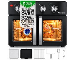 TurboTronic AF32MFD Airfryer Oven XXL – Dubbele Deur – 32L Vrijstaande Mini Oven – Heteluchtoven – Zwart
