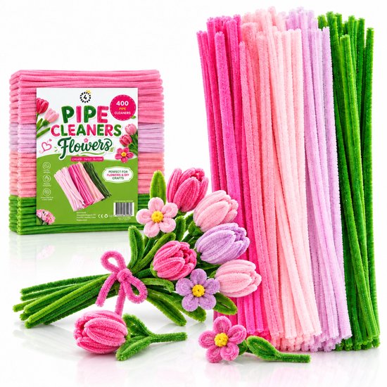 Pakket van 400 pijpenragers in roze, paarse en groene tinten, met voorbeelden van zelfgemaakte bloemen.
