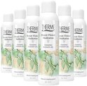 Zes flacons Therme Forest Flower Meditation douchegel met groen-wit aquarelontwerp en witte dop.