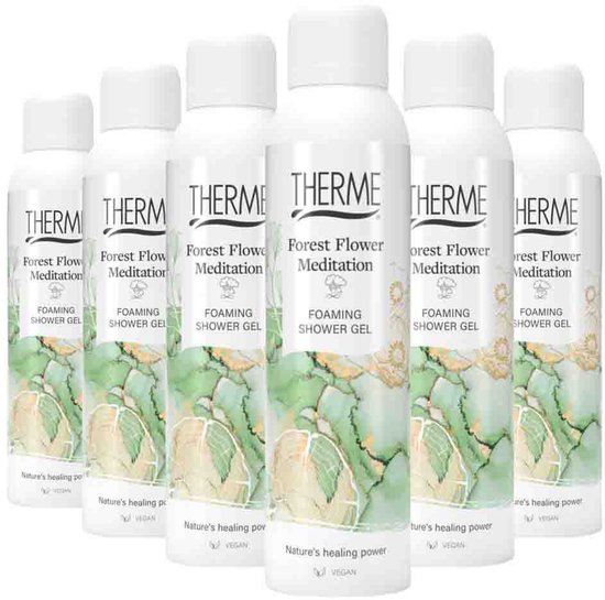 Zes flacons Therme Forest Flower Meditation douchegel met groen-wit aquarelontwerp en witte dop.