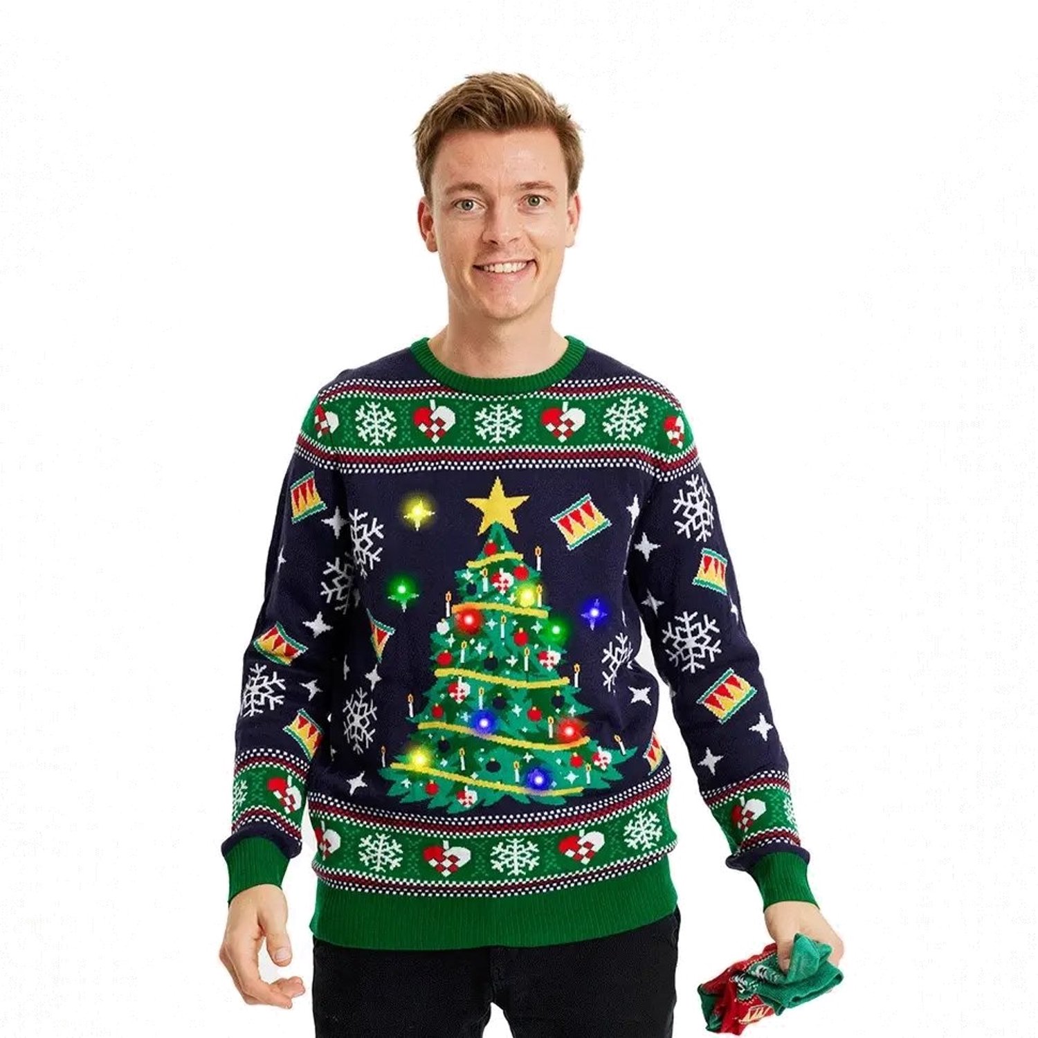 Happy Seasons Foute Kersttrui met Lichtjes - Dames & Heren - Lampjes - Christmas Sweater LED - Mannen & Vrouwen "De Fonkelende Kerstboom" Maat 2XL/3XL