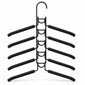 Zwarte, ruimtebesparende metalen kledinghanger met vijf antislip-armen voor meerdere kledingstukken.