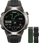 Maoo Forge smartwatch in gunmetal met rond AMOLED-scherm, GPS-kaart, hartslag, datum en extra groene en zwarte bandjes.
