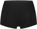 Achterkant van zwarte dames short met elastische tailleband.