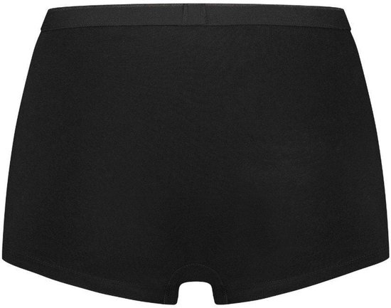 Achterkant van zwarte dames short met elastische tailleband.