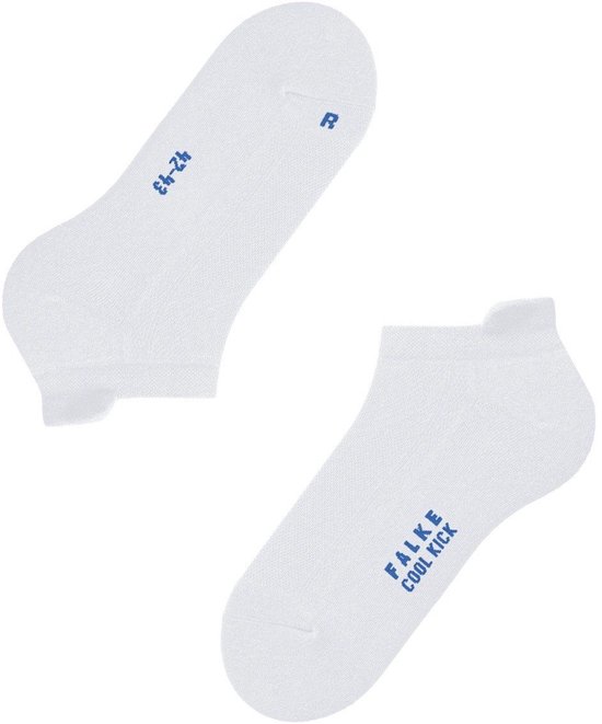Witte enkelsokken met blauwe tekst 'FALKE COOL KICK' en maatmarkering 42-43.