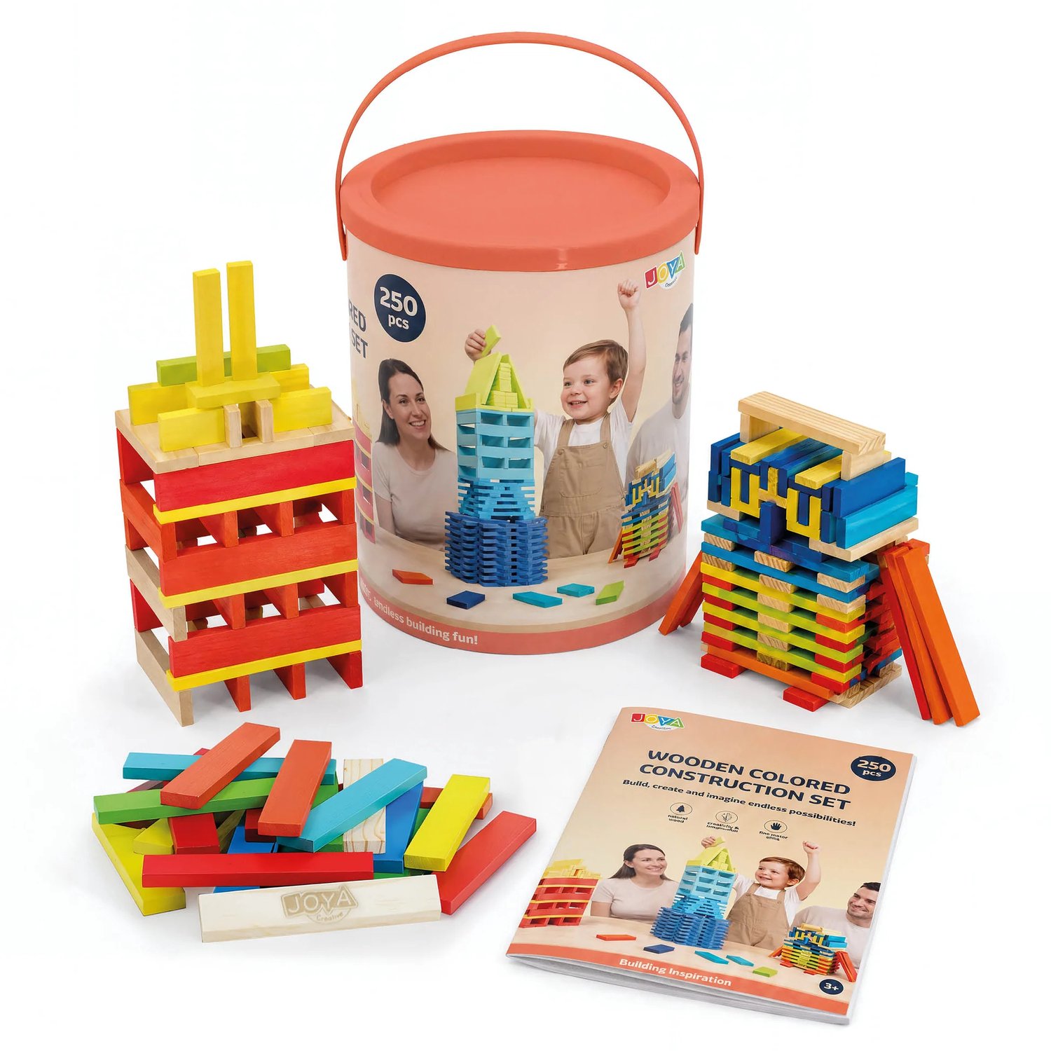 Joya Creative Houten Constructiespeelgoed 250pcs - Bouwset Kinderen en Volwassenen - Gekleurde Bouwspeelgoed in Opbergton - Inclusief Inspiratieboek