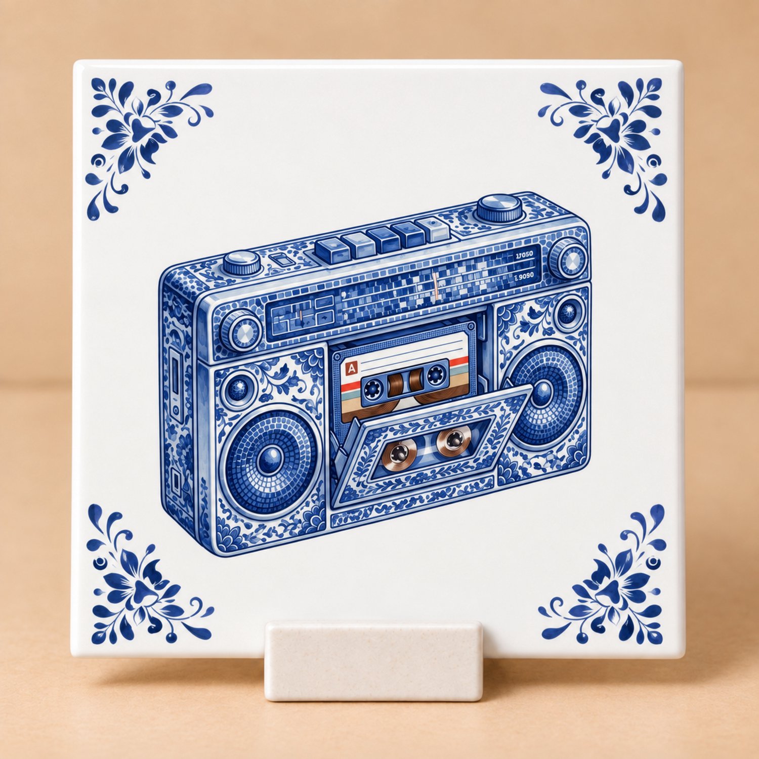 Bedruk King Delftsblauw Tegeltje 11x11 Boombox – Cadeau voor Muziekliefhebber of Jaren 80 Fan Wit
