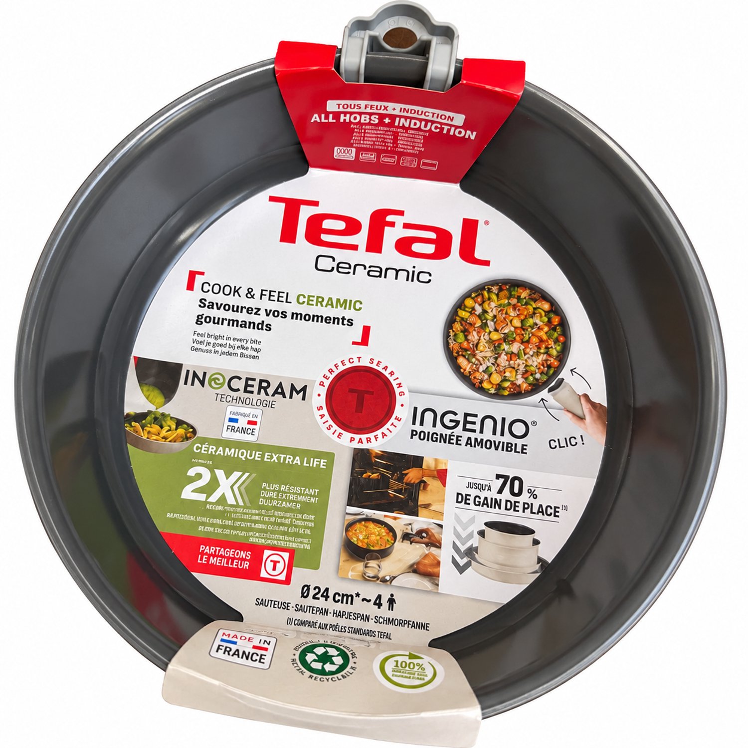 Tefal Ingenio Ceramic Hapjespan 24 cm – Inductie – Afneembare Handgreep – Wit/Grijs
