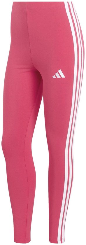 Roze adidas legging met drie witte strepen aan de zijkanten en wit adidas-logo.