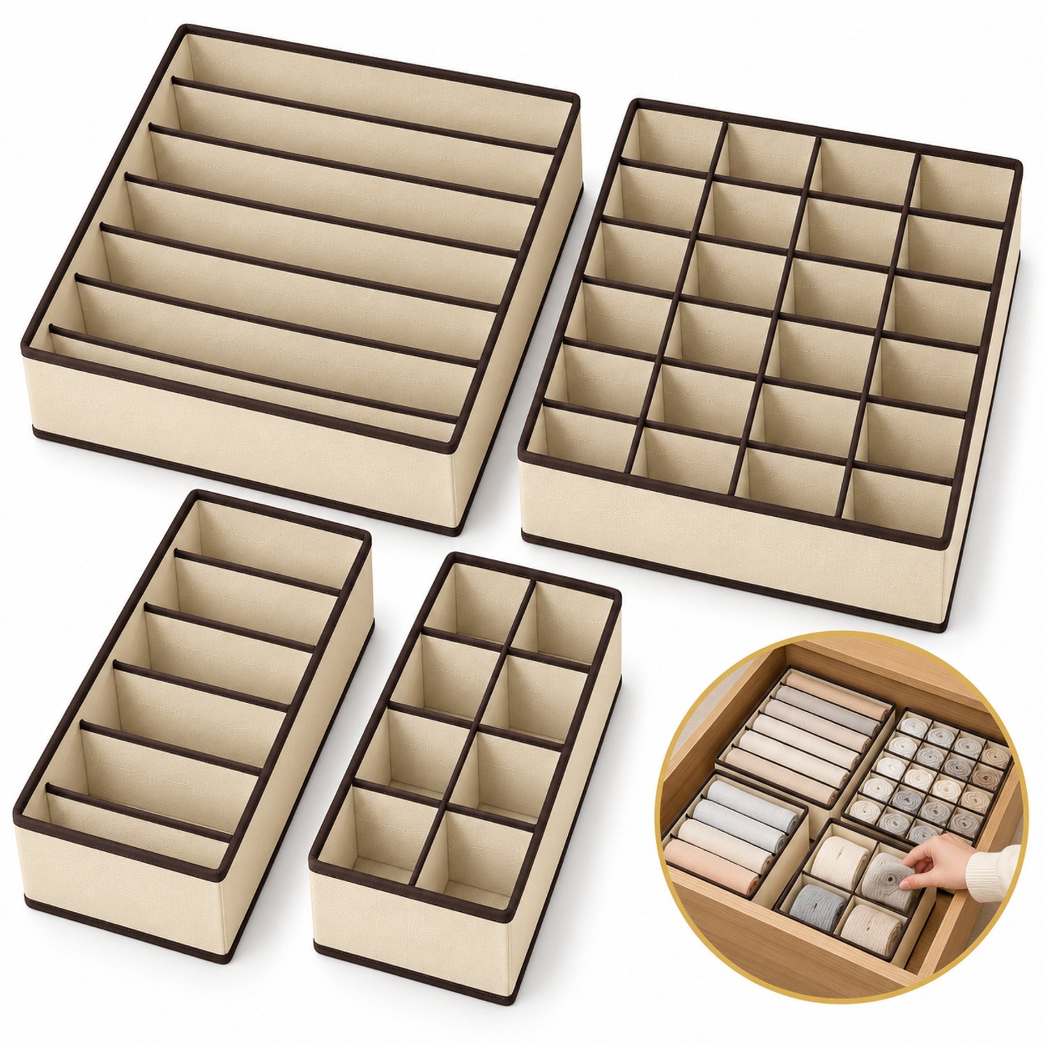 DIVERZA Lade Organizer Ondergoed – 4-Delige Set – 45 Vakken – Ladeverdeler Opvouwbare Opbergbakken voor Sokken en BH’s – Beige/Bruin