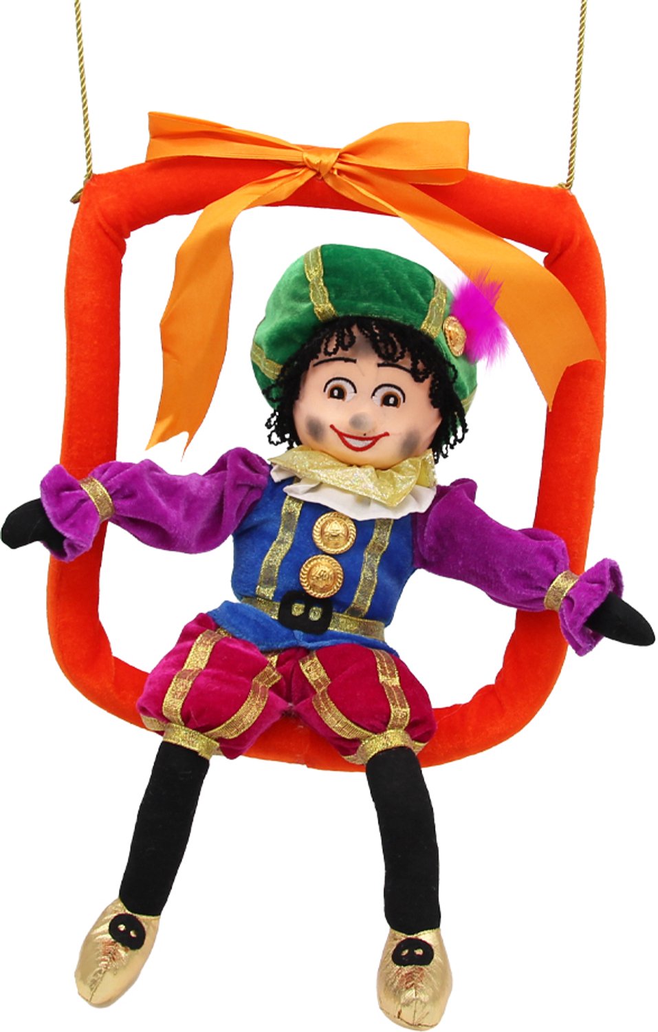 Pietenpop in cadeau schommel - Roetveeg Piet - Sinterklaasdecoratie - 40 cm - handgemaakt -Beekwilder Design