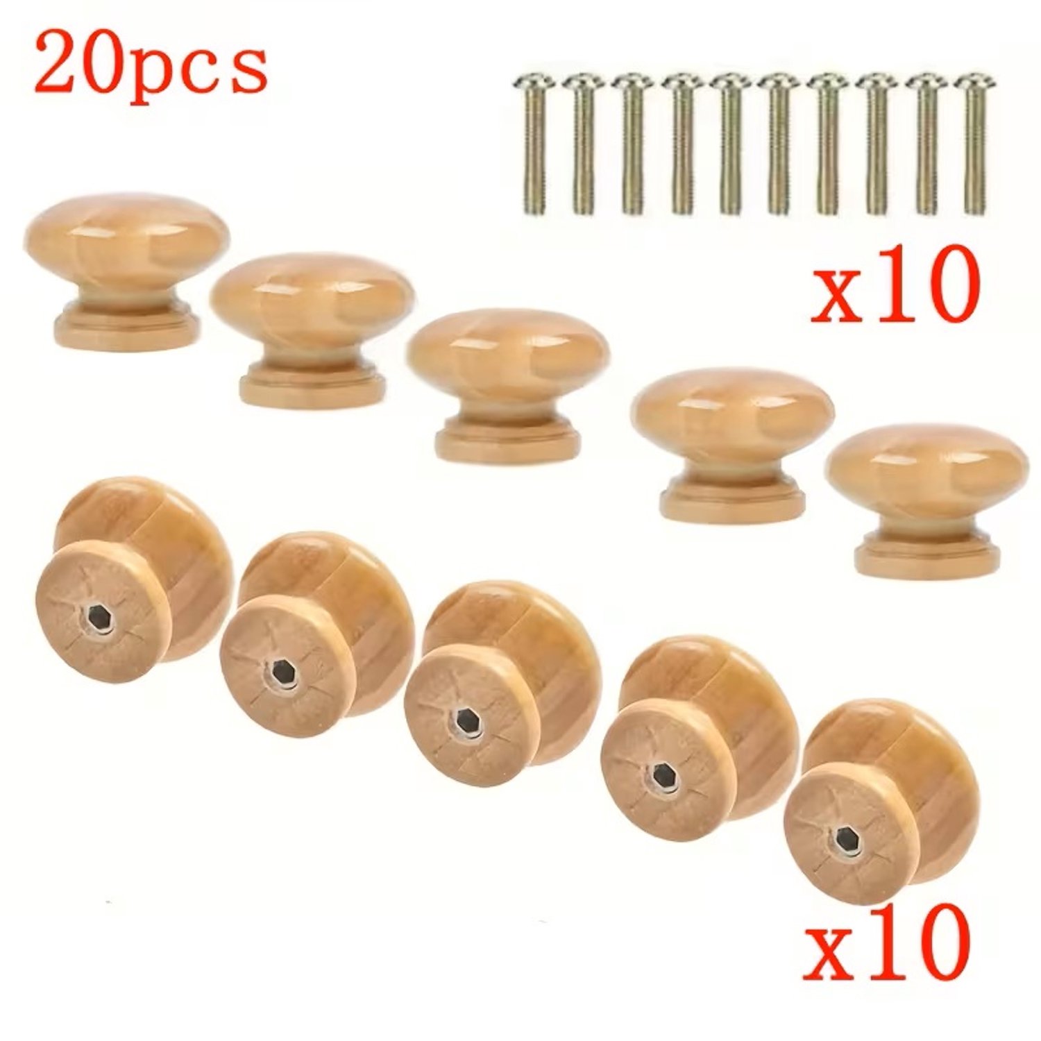 Han-Bar® 20-delige Set Massief Houten Handgrepen (10 stuks) + 10 Schroeven – Paddenstoelvorm – Gepolijst Hout