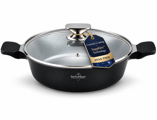 Swiss Haus® BLC30B Hapjespan Inductie met Deksel - Ø 30 cm / 4.6 Liter - PFAS Vrij - Hapjespannen Voor Alle Warmtebronnen - Braadpan Met Sapphire™ Antiaanbaklaag - Zwart