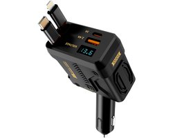 OUYLAF Autolader 120W - Auto Oplader USB C en Lightning - Oplader voor auto - Oprolbare Kabels - Snellader met Display - Sigarettenaansteker Splitter voor 4 Apparaten Zwart
