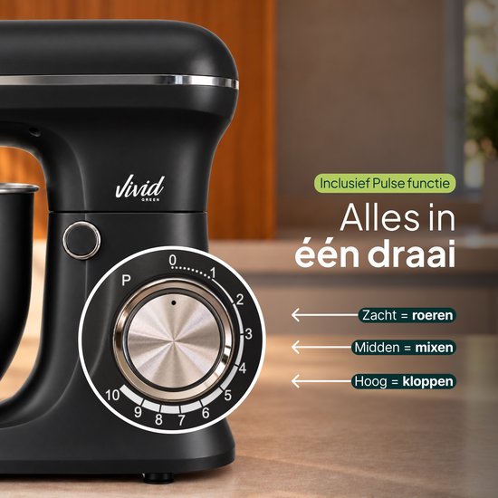 Close-up van de snelheidsregelaar op een zwarte Vivid Green keukenmixer met Pulse-functie.
