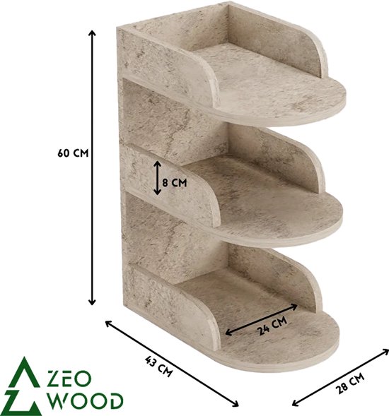 Technische tekening van de beige Zeo Wood bijzettafel met afmetingen: 60 cm hoog, 43 cm breed en 28 cm diep.