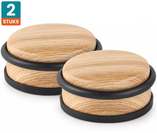 Set van 2 ronde deurstops in houtlook met zwarte rubberen ringen voor extra grip.