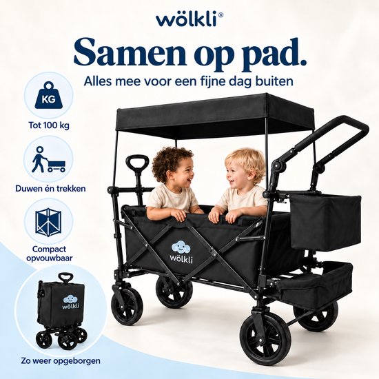 Zwarte Wölkli bolderkar voor twee kinderen met dak, opvouwbaar, draagt tot 100 kg, met duw- en trekstang.