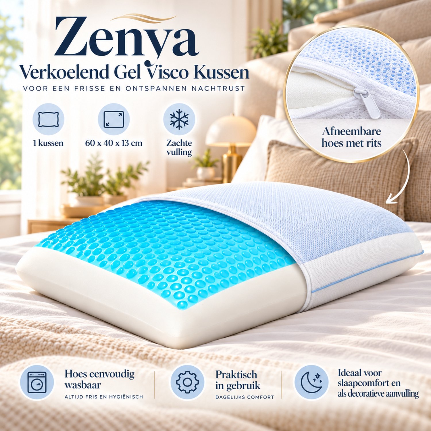 Fabric Box Zenya Verkoelend Gel Hoofdkussen – Visco Traagschuim – Klassieke Vorm – 60x40x13 cm – Afneembare Hoes – Wit/Blauw